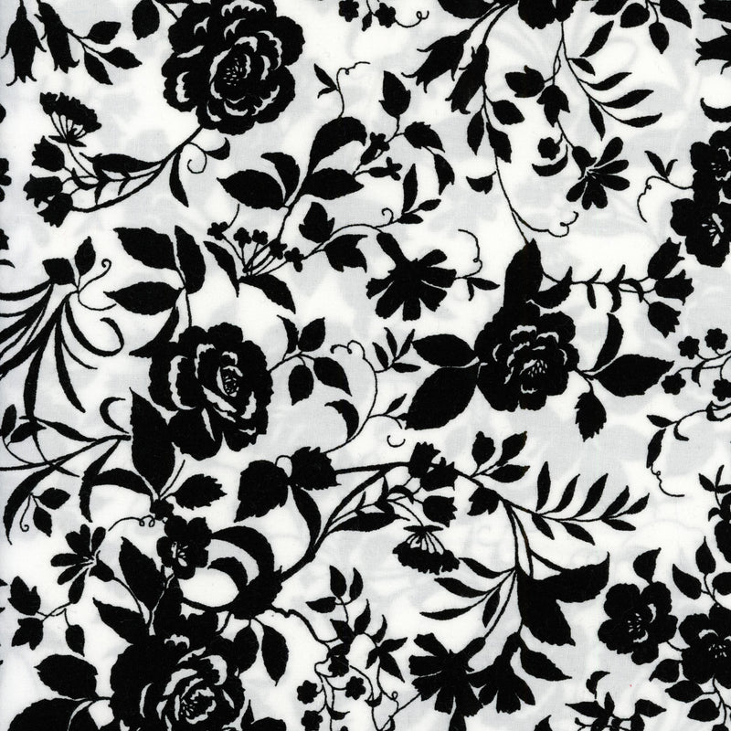 Robert Kaufman Pimatex Basics - Ebony Rose Silhouette - Patchwork and Quilting Fabric from Brown's Craft Shed (Tags: Fabric apparel Black blender craft flowers patterns quilting vines white )