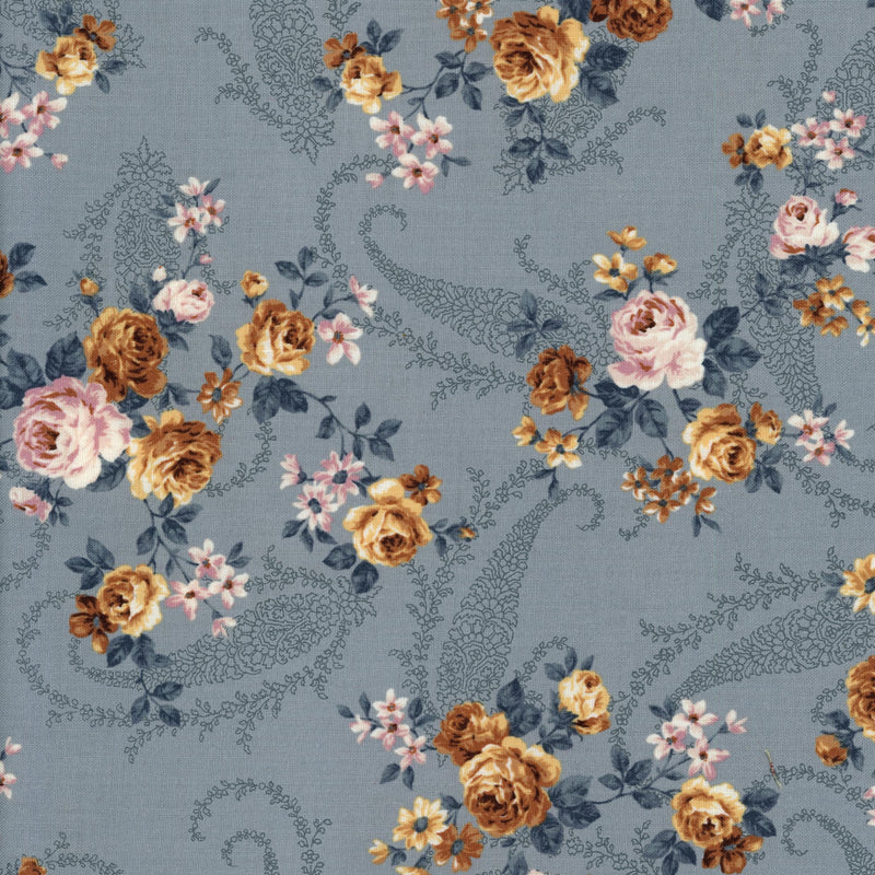 Stoffabrics Leaf Flowers Nature & Rose - Vintage Blue