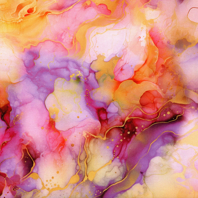 Hoffman Fabrics - Flourish (Sunset) - Patchwork and Quilting Fabric from Brown's Craft Shed (Tags: Fabric alcohol ink Flourish gold Hoffman Fabrics metallic modern multi orange pink purple textures vibrant watercolour )