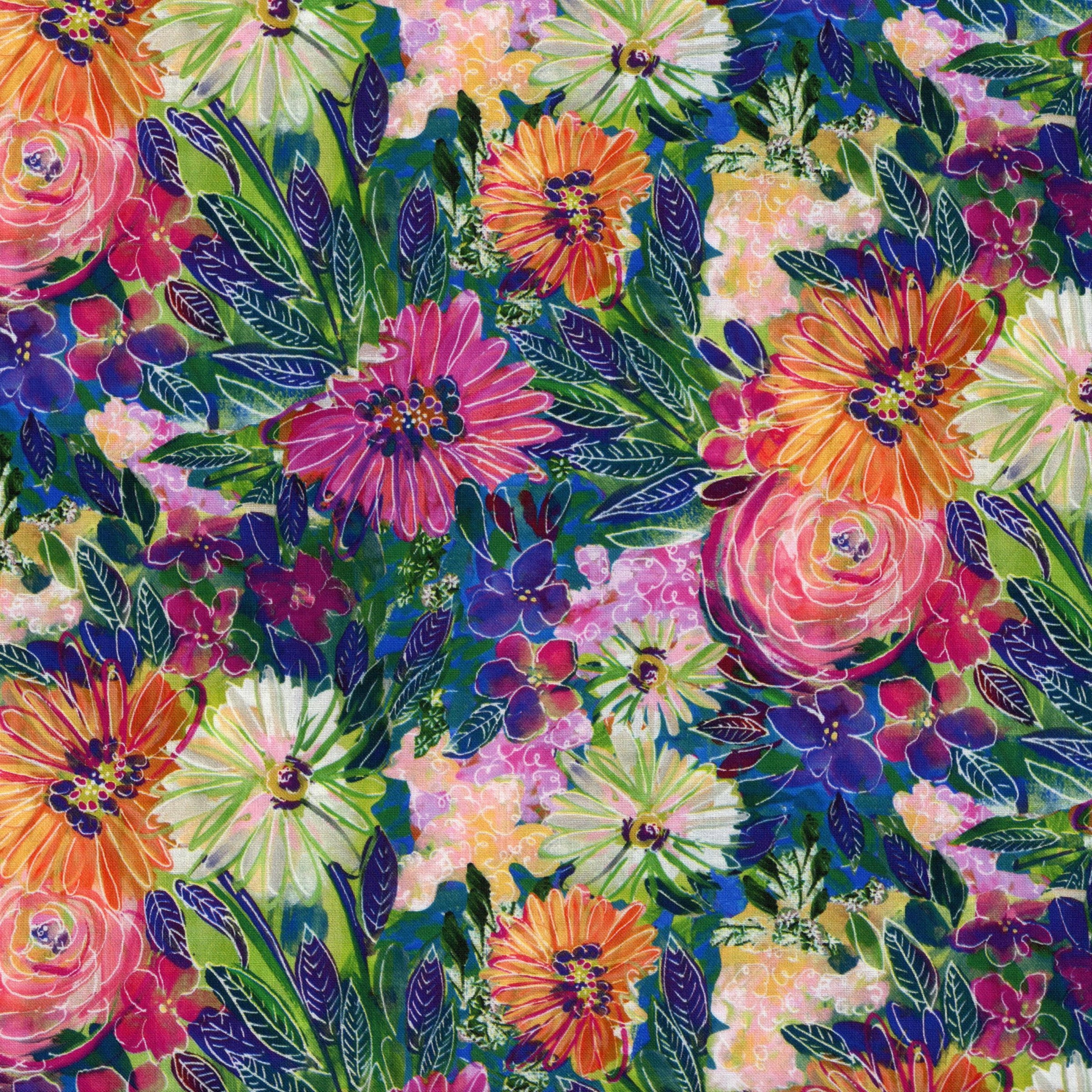 Clothworks Sunset Medow (Multi) - Patchwork and Quilting Fabric from Brown's Craft Shed (Tags: Fabric blue Clothworks colourful Floral flowers garden green multi nature orange painterly pink Sunset Meadow watercolour whimsical )