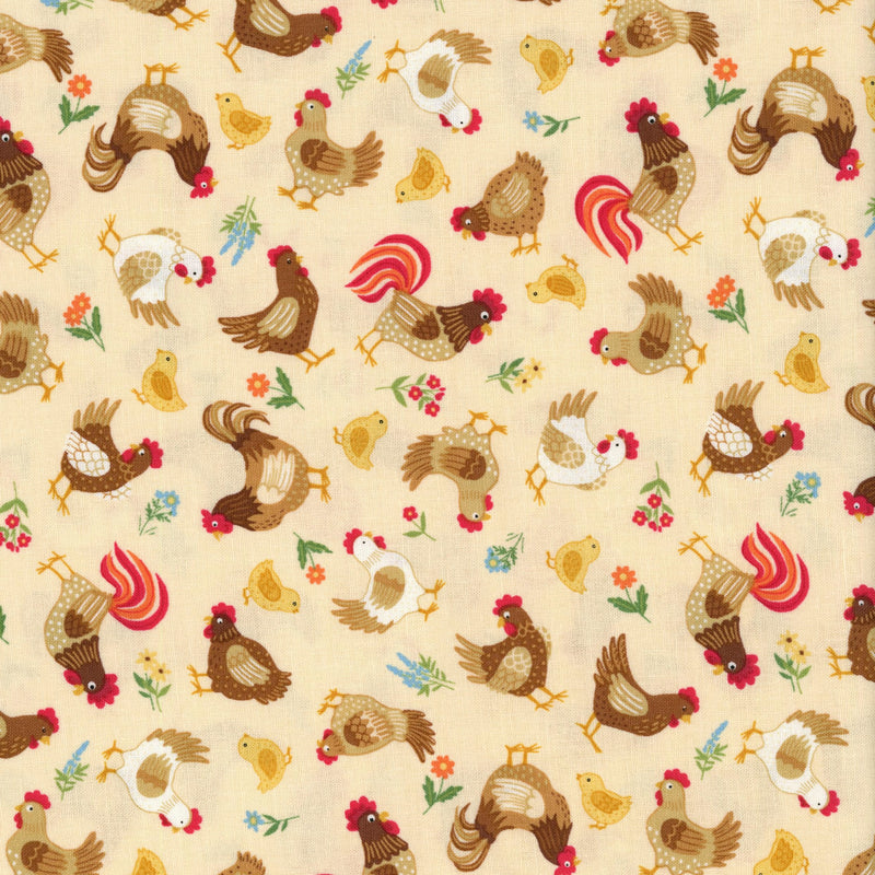 Makower UK Fun on the Farm - Chickens - Patchwork and Quilting Fabric from Brown's Craft Shed (Tags: Fabric animal animals birds chickens children country cream hens Makower UK multi nature novelty playful quilting rooster whimsical )