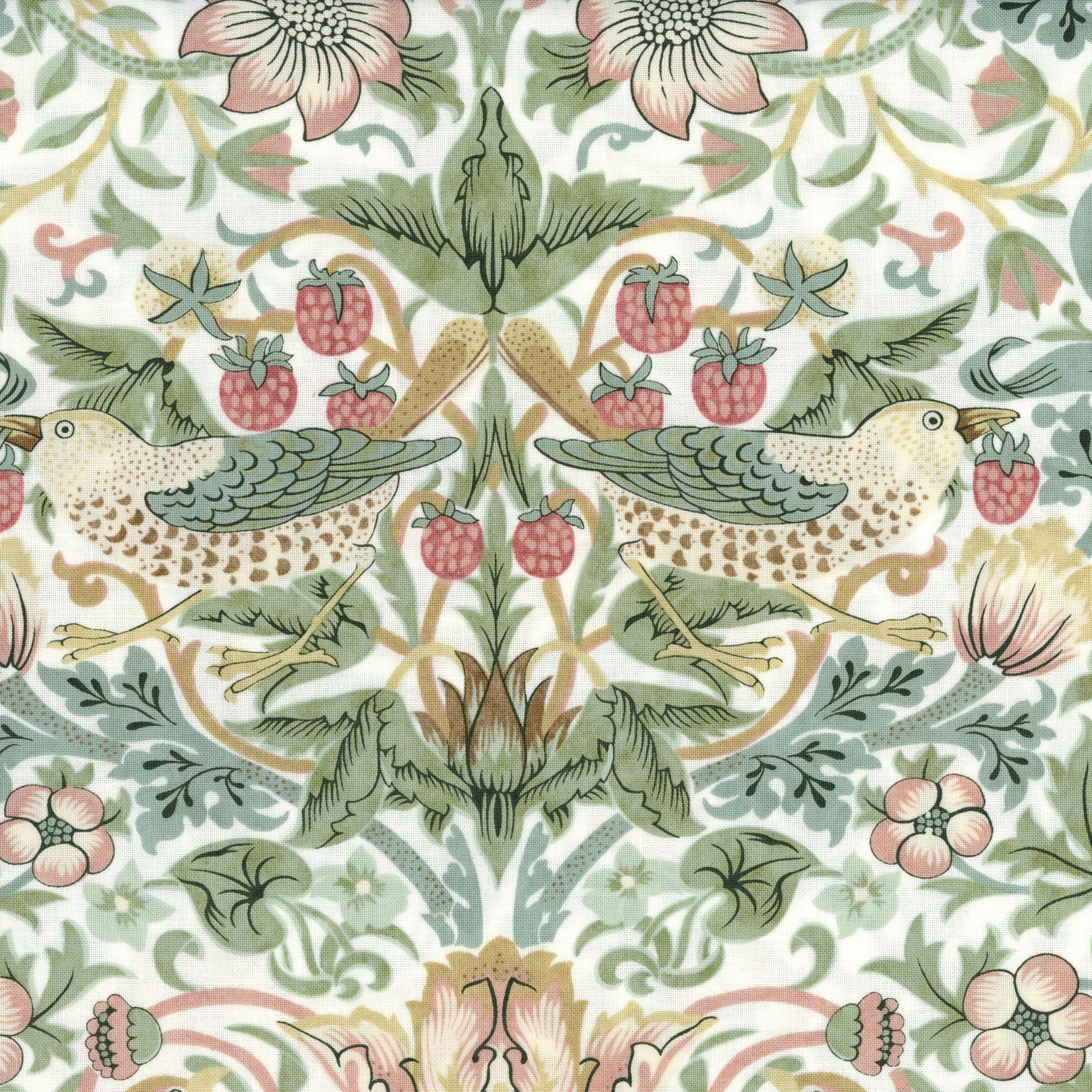 Free Spirit Fabrics: Leicester by Morris & Co - Patchwork and Quilting Fabric from Brown's Craft Shed (Tags: Fabric birds classic design cream Free Spirit Fabrics garden green heritage Morris & Co nature pink strawberries traditional vintage William Morris )