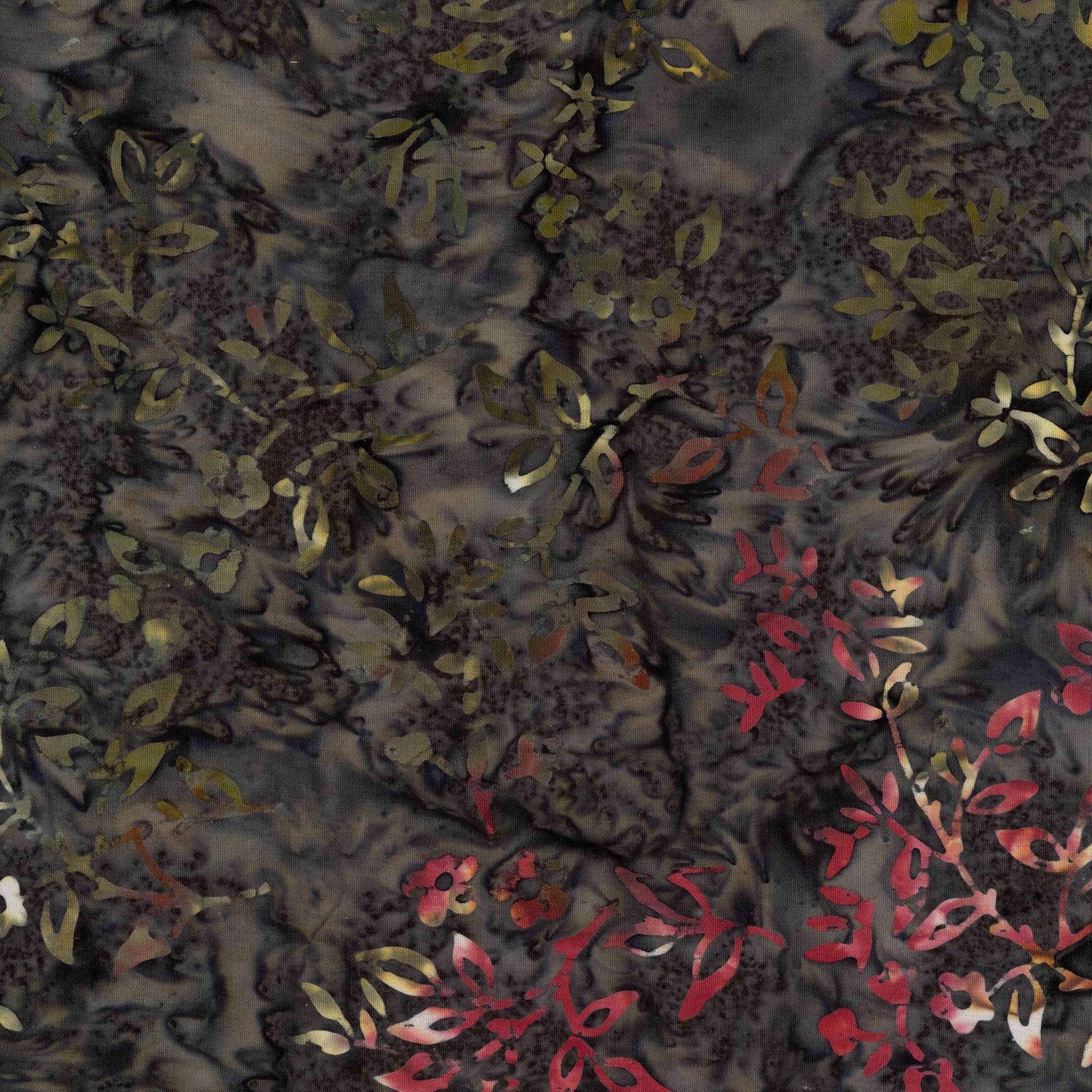 Lloyd Curzon Community Garden Batik - Patchwork and Quilting Fabric from Brown's Craft Shed (Tags: Fabric batik blender charcoal Community Garden Floral grey Lloyd Curzon moody nature olive plants red textures watercolour )