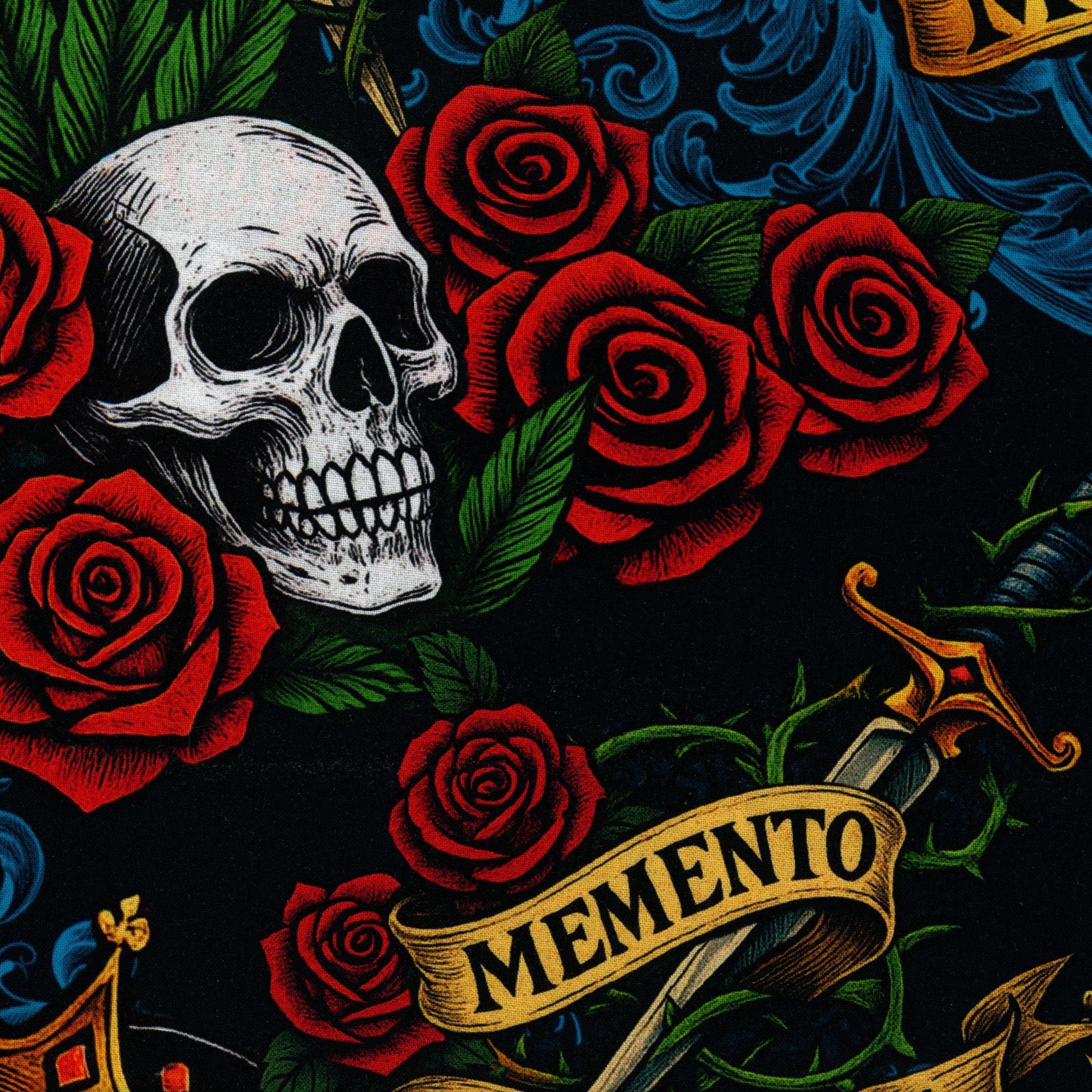 Nutex Momento Mori by Ned Barraud - Patchwork and Quilting Fabric from Brown's Craft Shed (Tags: Fabric Black dramatic Floral gold gothic green halloween Momento Mori Ned Barraud novelty Nutex red roses skulls tattoo )