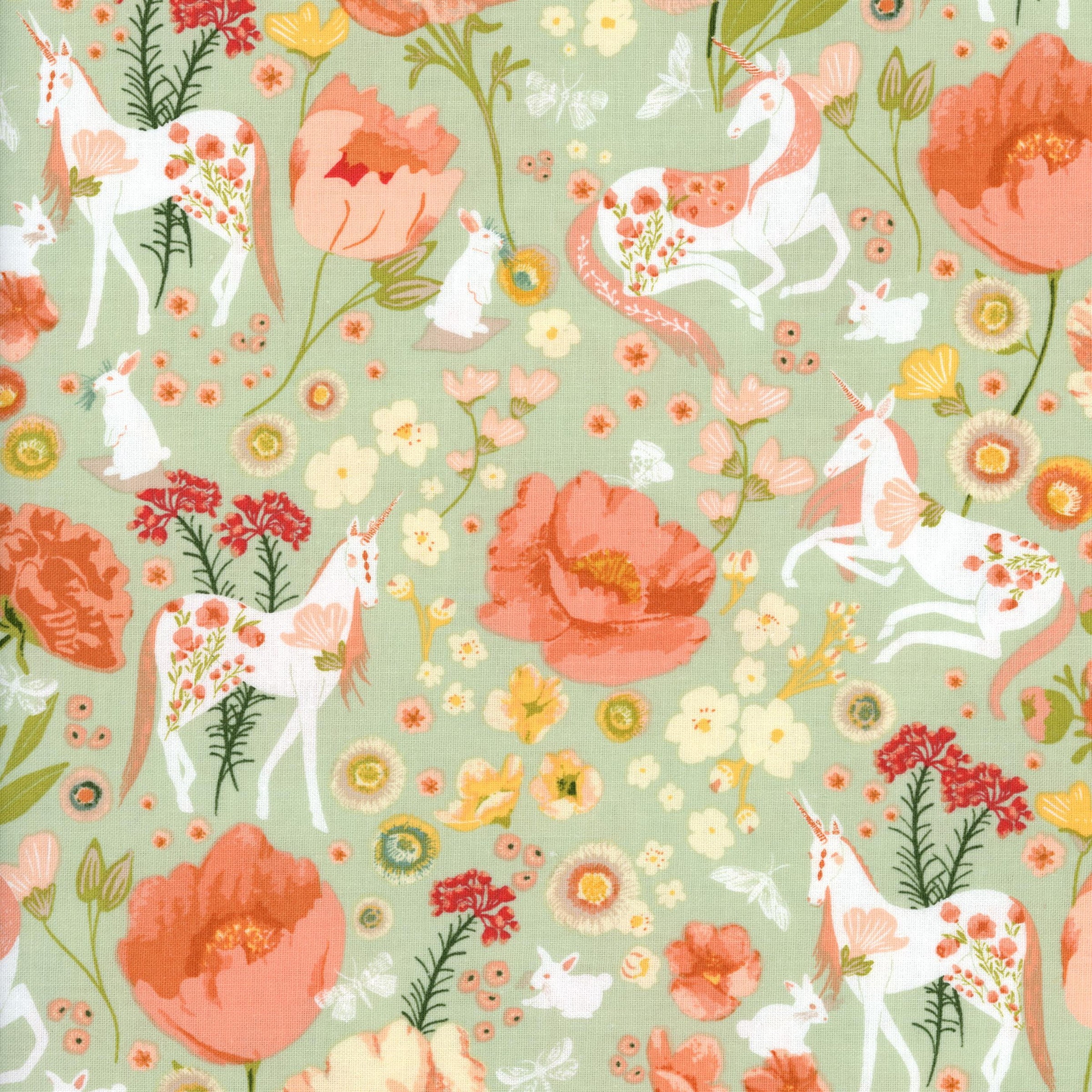 Melbourne Fabric - Unicorn Dreams by Poppie Cotton (Meadow) - Patchwork and Quilting Fabric from Brown's Craft Shed (Tags: Fabric animals children fantasy Floral garden green Melbourne Fabric nature pastel Poppie Cotton unicorn Unicorn Dreams whimsical )