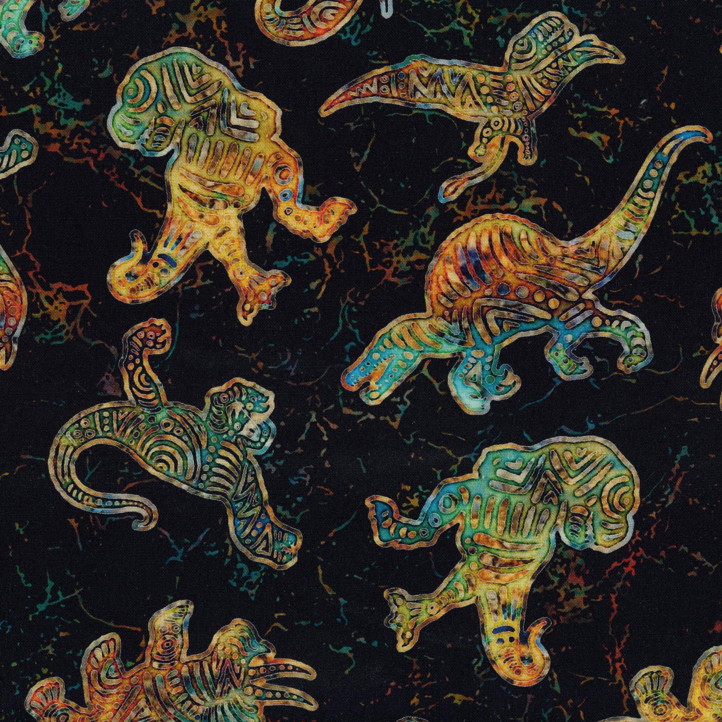 QT Fabrics - Prehistoric by Dan Morris Design - Patchwork and Quilting Fabric from Brown's Craft Shed (Tags: Fabric Black bones children Dan Morris Design dinosaur dinosaurs green multi novelty orange playful prehistoric QT Fabrics skeleton teal )