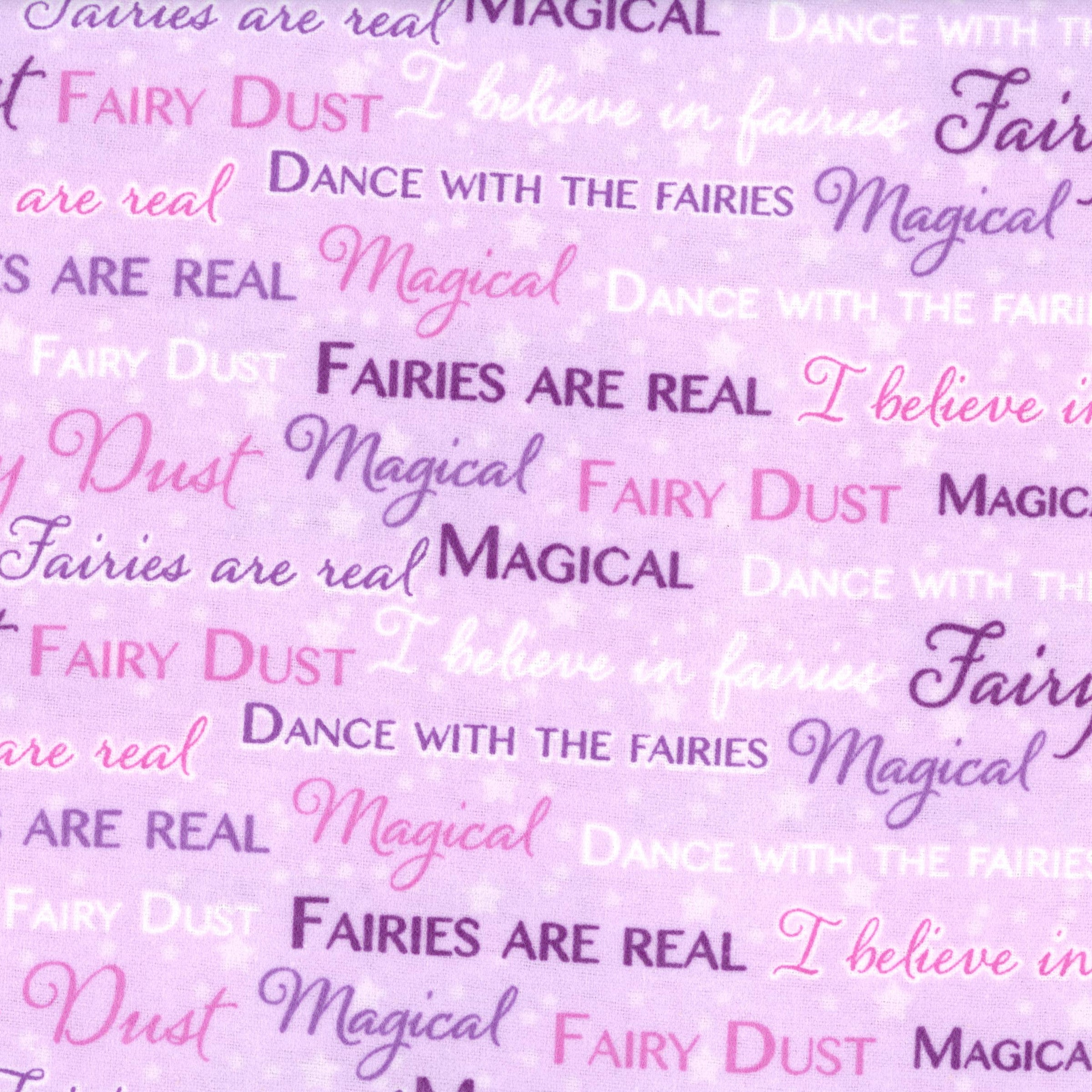 Sullivans Printed Flannelette - Patchwork and Quilting Fabric from Brown's Craft Shed (Tags: Fabric children fairies fairy flannelette lilac magical novelty pastel pink purple Sullivans text print whimsical )
