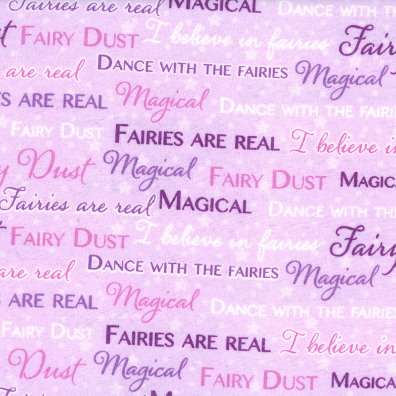 Sullivans Printed Flannelette - Patchwork and Quilting Fabric from Brown's Craft Shed (Tags: Fabric children fairies fairy flannelette lilac magical novelty pastel pink purple Sullivans text print whimsical )