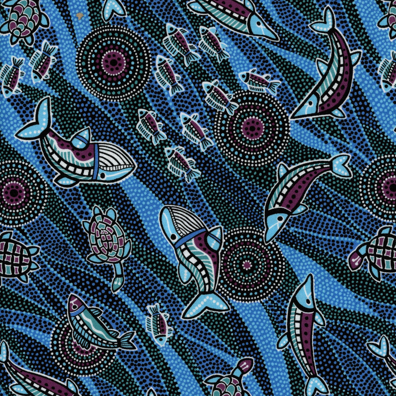 Nutex - Baanbaan - Patchwork and Quilting Fabric from Brown's Craft Shed (Tags: Fabric Aboriginal style aquatic Baanbaan blue dolphins fish marine nature Nutex ocean purple turtles whales wildlife )