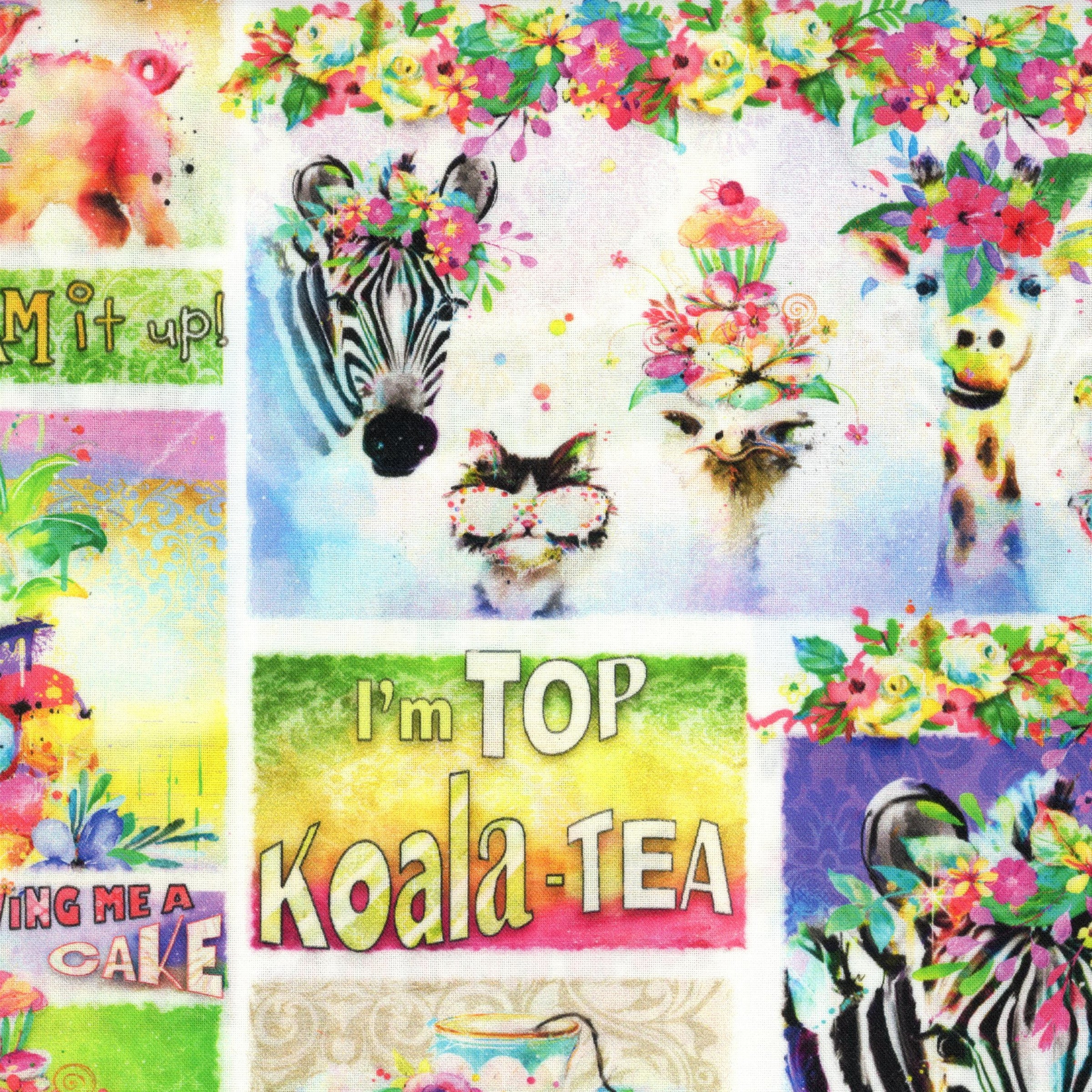 3 Wishes Fabric - Party Animals by Connie Haley - Patchwork and Quilting Fabric from Brown's Craft Shed (Tags: Fabric 3 Wishes Fabric animal animals children Connie Haley Floral giraffe green koala multi novelty Party Animals pink playful whimsical zebra )