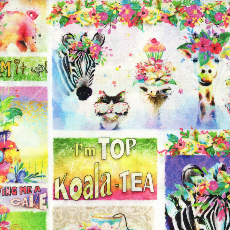 3 Wishes Fabric - Party Animals by Connie Haley - Patchwork and Quilting Fabric from Brown's Craft Shed (Tags: Fabric 3 Wishes Fabric animal animals children Connie Haley Floral giraffe green koala multi novelty Party Animals pink playful whimsical zebra )