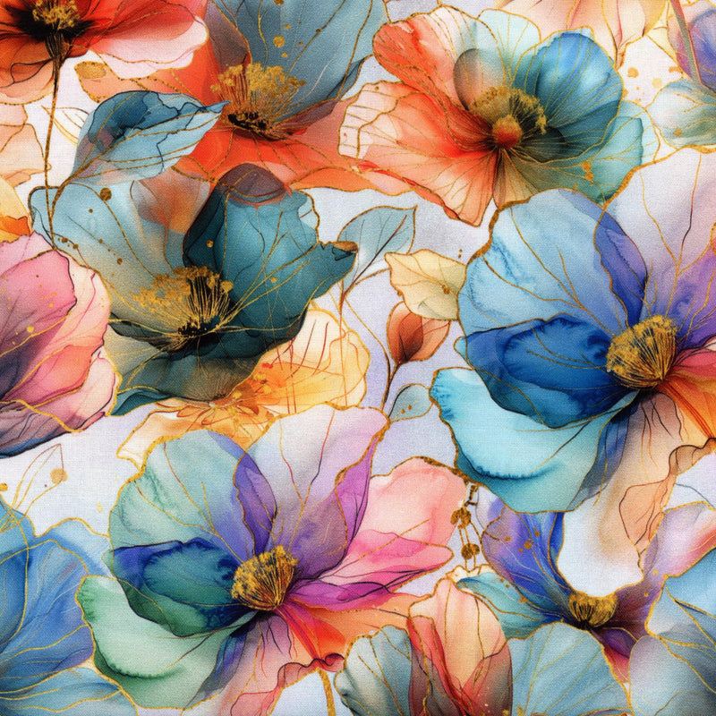Hoffman Fabrics - Flourish (Multi) - Patchwork and Quilting Fabric from Brown's Craft Shed (Tags: Fabric alcohol ink blue Floral Flourish flowers garden gold Hoffman Fabrics multi orange pink purple teal vibrant watercolour )