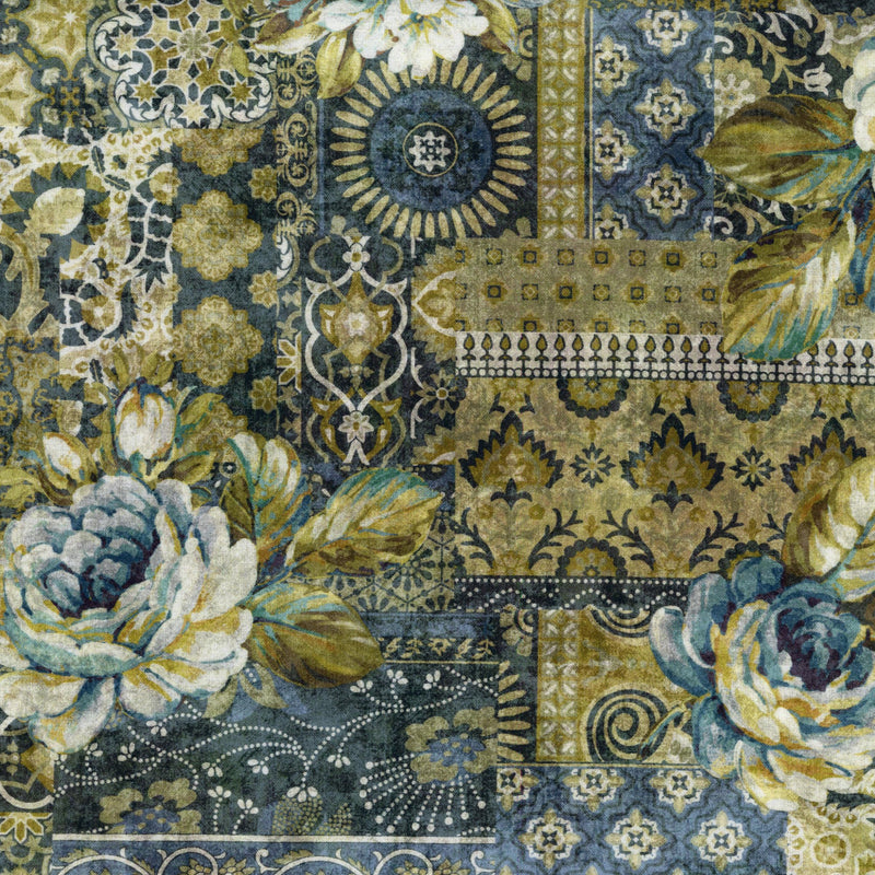 In The Beginning Fabrics - Carpet Bag Romance by Jason Yenter - Patchwork and Quilting Fabric from Brown's Craft Shed (Tags: Fabric Carpet Bag Romance cream feature print Floral Geometric gold Jason Yenter mosaic navy olive ornate patterns teal vintage )
