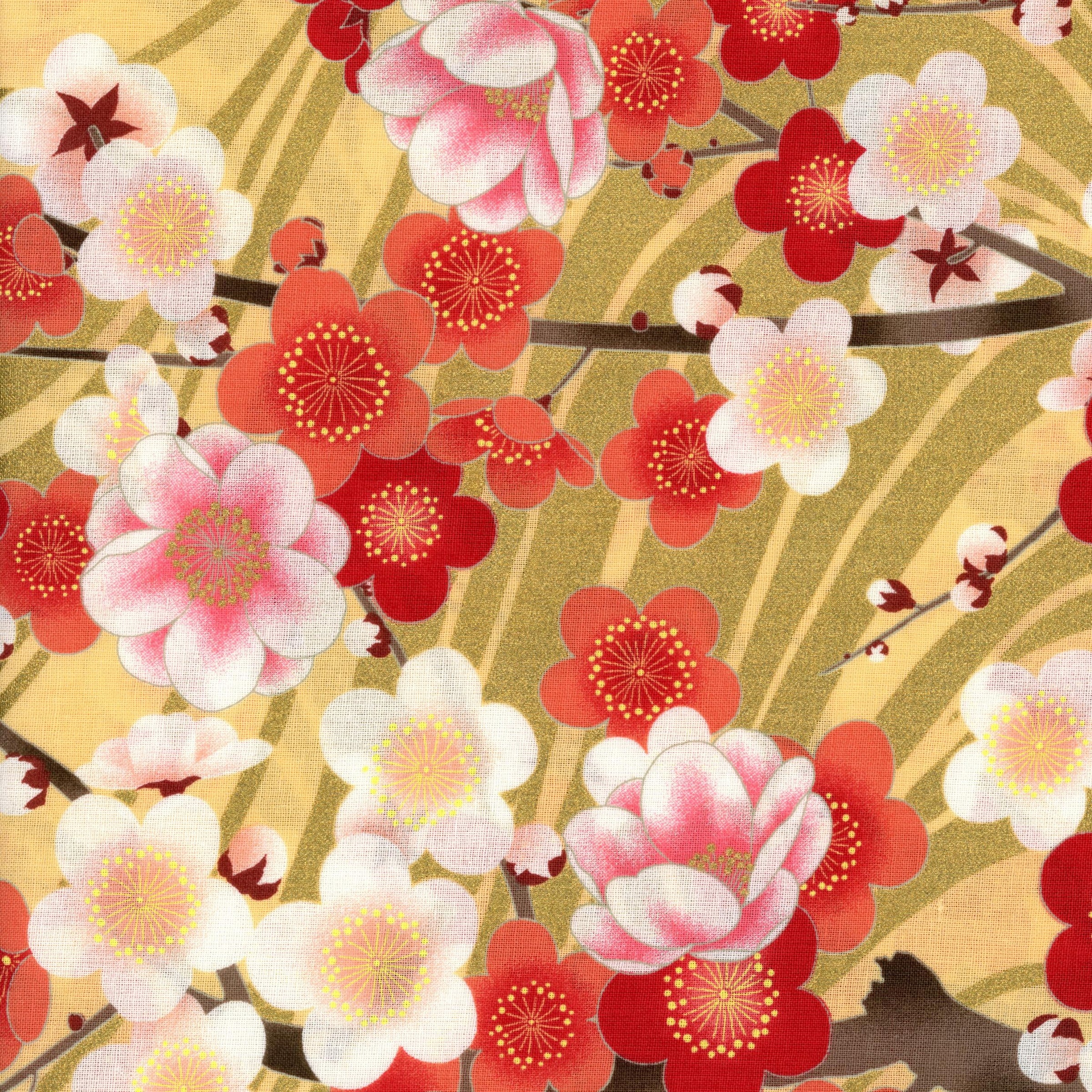 Nutex Cotton-Yuzen - Patchwork and Quilting Fabric from Brown's Craft Shed (Tags: Fabric blossoms Cotton Yuzen cream elegant garden gold nature Nutex pink red traditional )