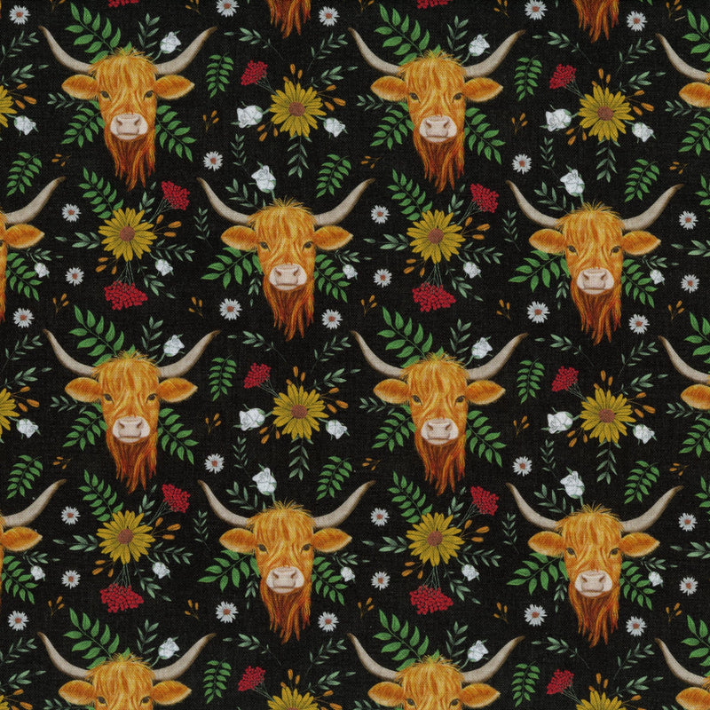 Nutex - Highland Blooms by Mel Armstrong - Patchwork and Quilting Fabric from Brown's Craft Shed (Tags: Fabric animals bull cattle cow farm flowers green Highland Blooms Mel Armstrong novelty Nutex red rustic whimsical )