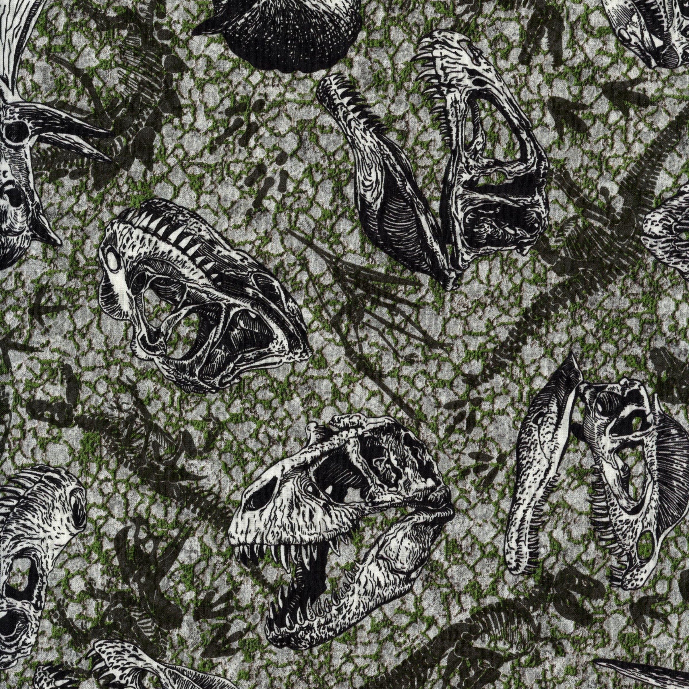 In The Beginning Fabrics - Jurassic - Patchwork and Quilting Fabric from Brown's Craft Shed (Tags: Fabric children dinosaur dinosaurs fossils green grey nature novelty prehistoric skull textured )