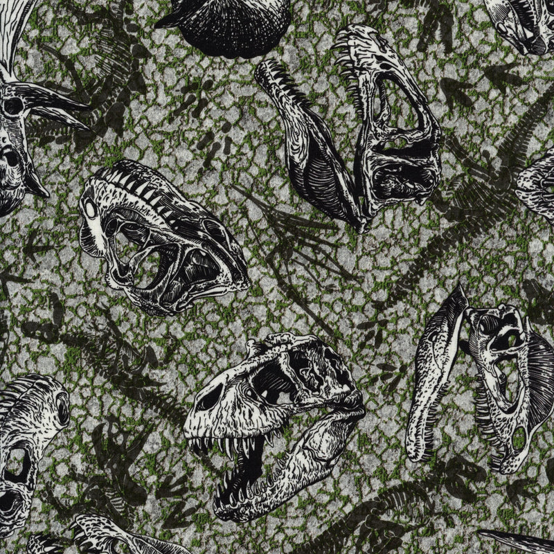 In The Beginning Fabrics - Jurassic - Patchwork and Quilting Fabric from Brown's Craft Shed (Tags: Fabric children dinosaur dinosaurs fossils green grey nature novelty prehistoric skull textured )