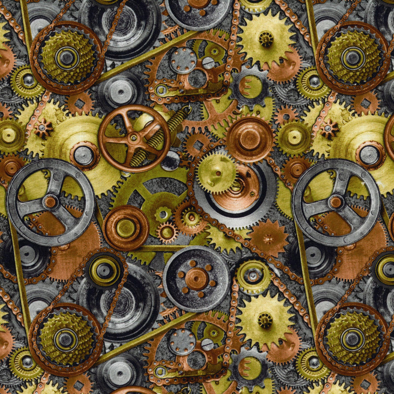 Blank Quilting Corporation - Full Steam Ahead (Gears) - Patchwork and Quilting Fabric from Brown's Craft Shed (Tags: Fabric Brown cogs gears gold grey industrial mechanical novelty patterns steampunk )
