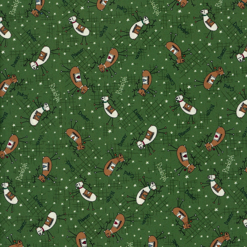 Nutex - Christmas Traditions by Lynette Anderson (Reindeer Parade) - Patchwork and Quilting Fabric from Brown's Craft Shed (Tags: Fabric christmas traditions Dancer Dasher festive green holiday Lynette Anderson novelty Nutex reindeer Rudolph seasonal whimsical )