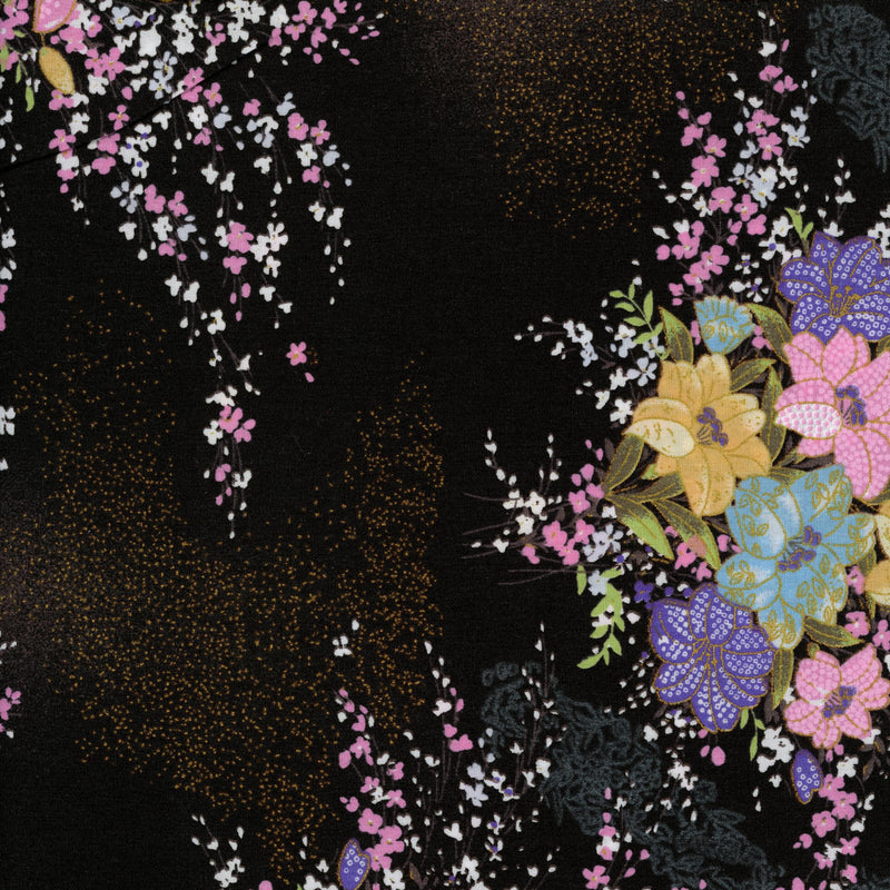 Kennard & Kennard - Midnight Blossom Cascade - Patchwork and Quilting Fabric from Brown's Craft Shed (Tags: Fabric apparel Black blue craft elegant Floral gold metallic nature patterns pink purple quilting )