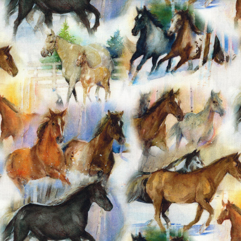 3 Wishes Fabric Snowfall on the Range by John Richard Keeling - Galloping Horses - Patchwork and Quilting Fabric from Brown's Craft Shed (Tags: Fabric animals blue country craft cream horse horses multi nature novelty quilt quilting rustic watercolour wildlife )
