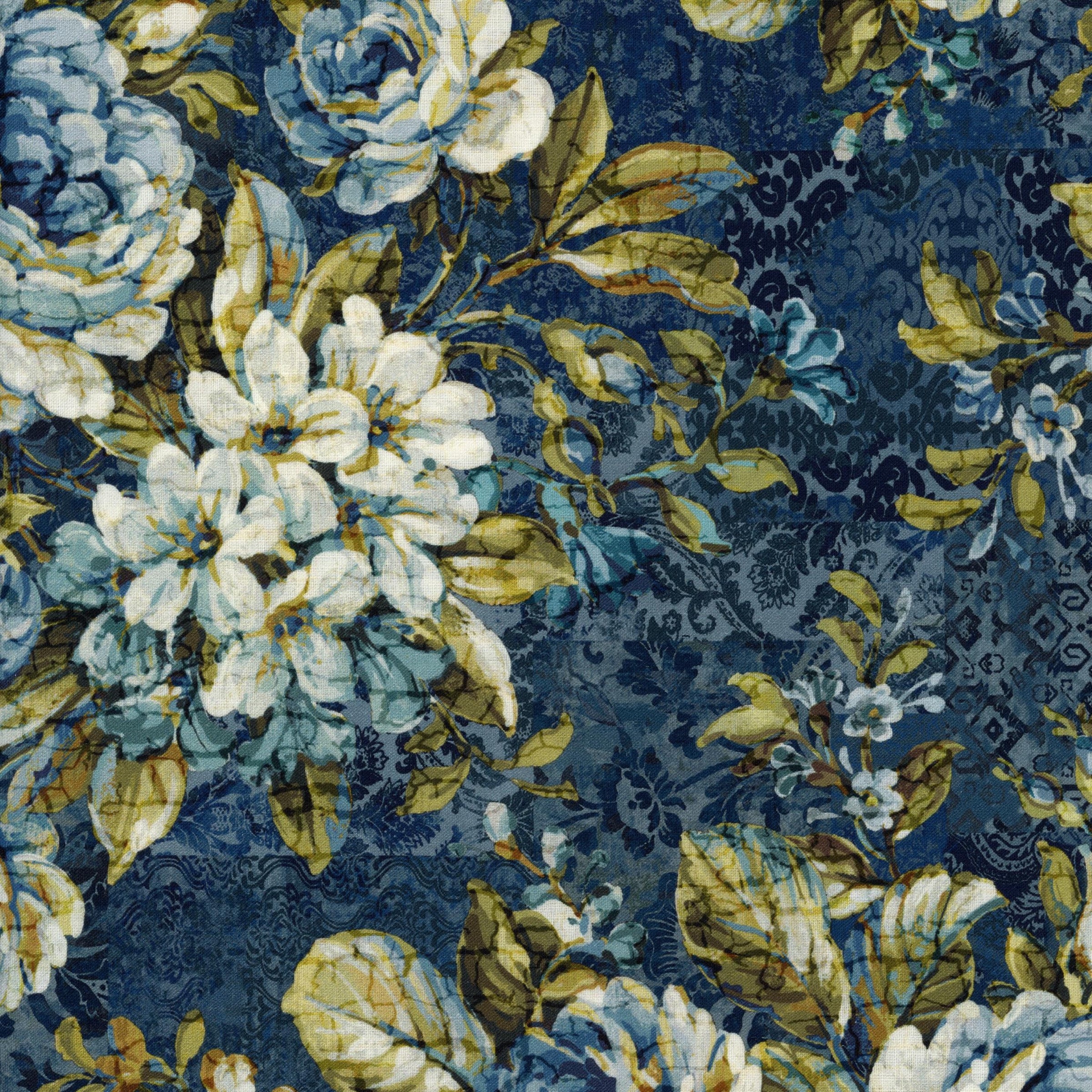In The Beginning Fabrics - Carpet Bag Romance by Jason Yenter - Patchwork and Quilting Fabric from Brown's Craft Shed (Tags: Fabric blue Carpet Bag Romance cream damask feature print Floral indigo Jason Yenter multi nature olive ornate teal vintage )