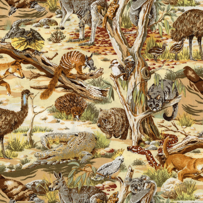 Nutex - Animals of Australia - Patchwork and Quilting Fabric from Brown's Craft Shed (Tags: Fabric Animals of Australia bushland earthy tones echidna emu green kangaroo koala kookaburra nature Neutral novelty Nutex quilting cotton wildlife wombat )