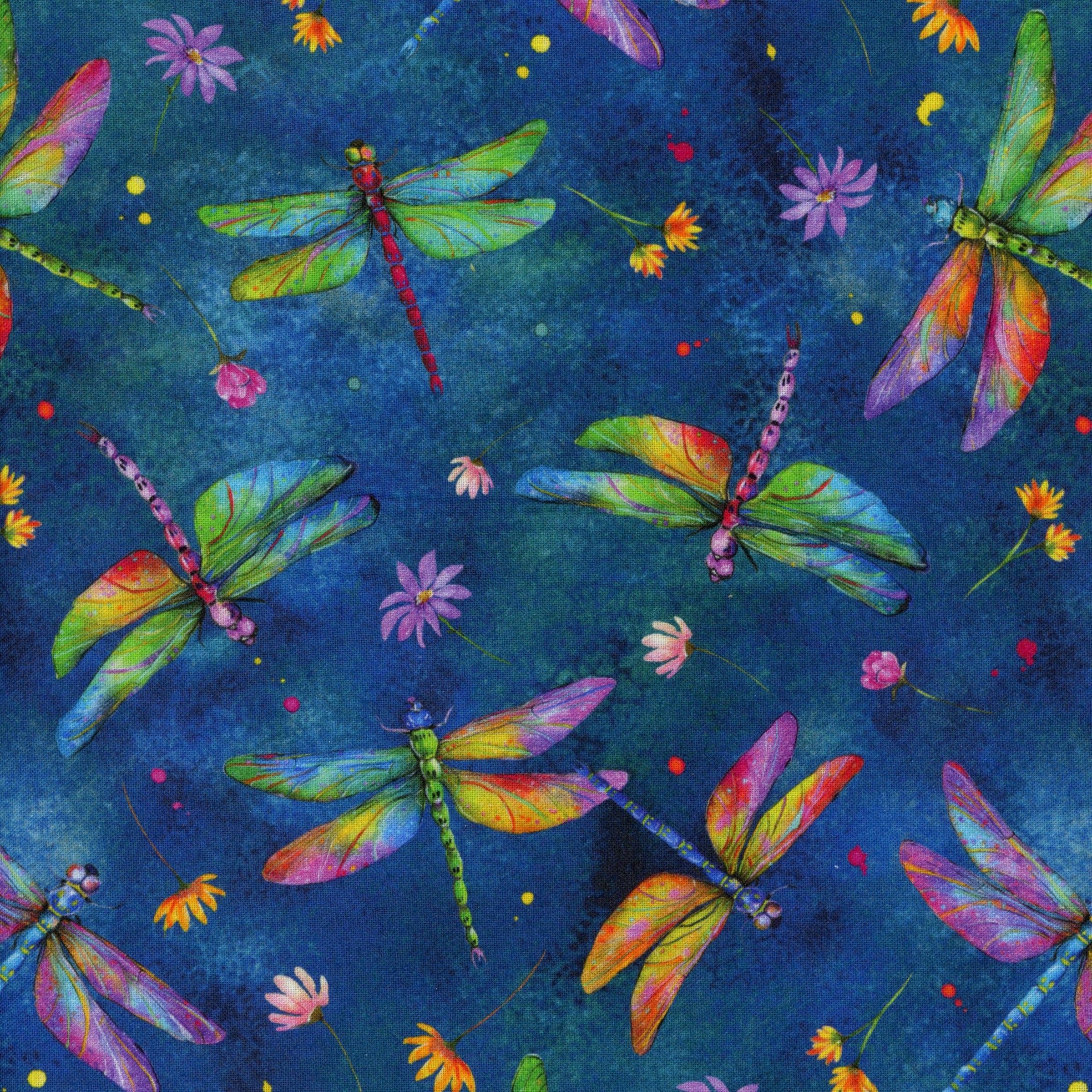 Nutex Dragonflies (Dragonfly Navy) - Patchwork and Quilting Fabric from Brown's Craft Shed (Tags: Fabric blue colourful Floral insects multi nature navy novelty Nutex watercolour whimsical wildlife )