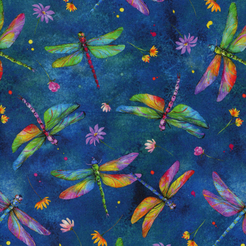 Nutex Dragonflies (Dragonfly Navy) - Patchwork and Quilting Fabric from Brown's Craft Shed (Tags: Fabric blue colourful Floral insects multi nature navy novelty Nutex watercolour whimsical wildlife )