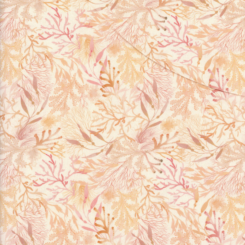 Maywood Studio Seascape - Coral Sunset Drift - Patchwork and Quilting Fabric from Brown's Craft Shed (Tags: Fabric beach coastal coral gold nature ocean pastel patterns pink plants sea life water watercolour )