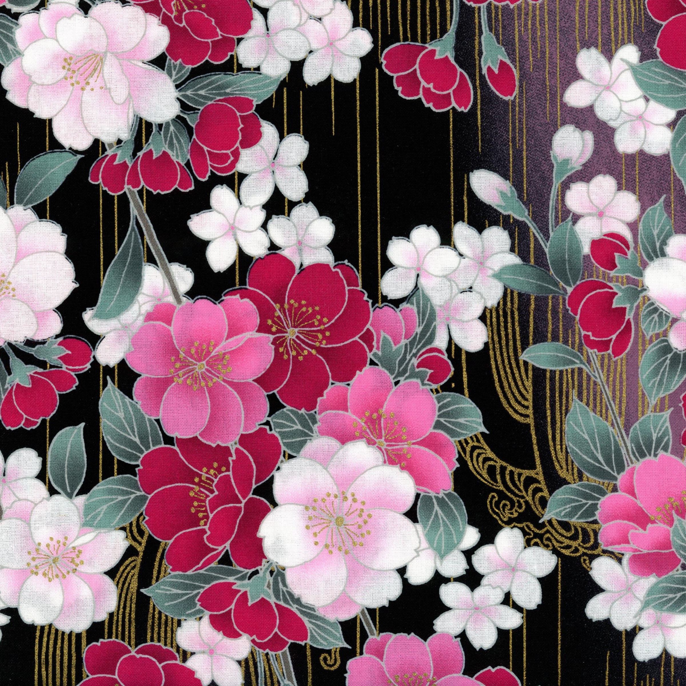 Nutex Ara - Patchwork and Quilting Fabric from Brown's Craft Shed (Tags: Fabric Ara Black elegant Floral flowers garden gold Japanese inspired nature Nutex pink white )