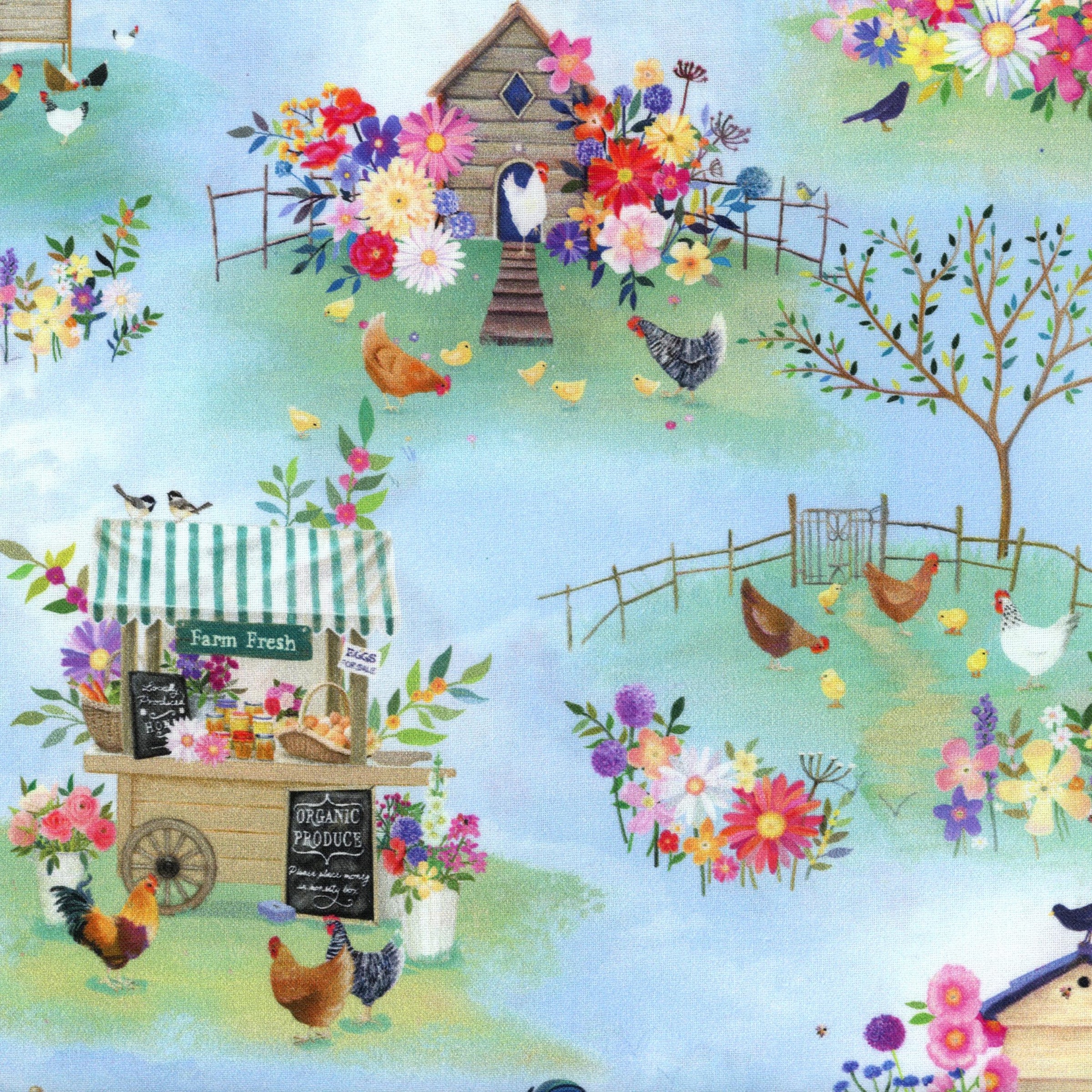 Clothworks Simple Life - Patchwork and Quilting Fabric from Brown's Craft Shed (Tags: Fabric birds blue chickens children Clothworks country farm Floral flowers garden green multi nature novelty rustic Simple Life whimsical )