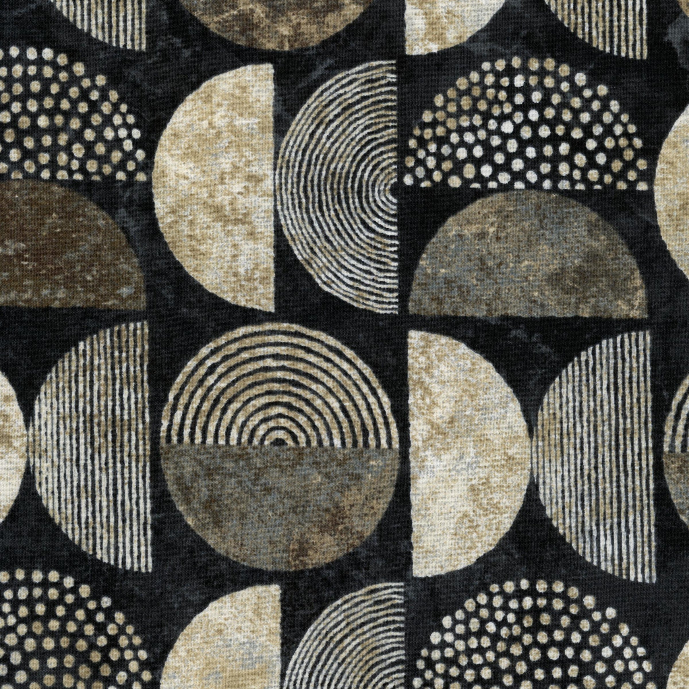 Northcott Stonehenge Retro Vibes - Half Moon (Black Multi) - Patchwork and Quilting Fabric from Brown's Craft Shed (Tags: Fabric Black Brown circles cream Geometric grey half moon lines modern multi Northcott Spots Stonehenge Stonehenge Retro Vibes )