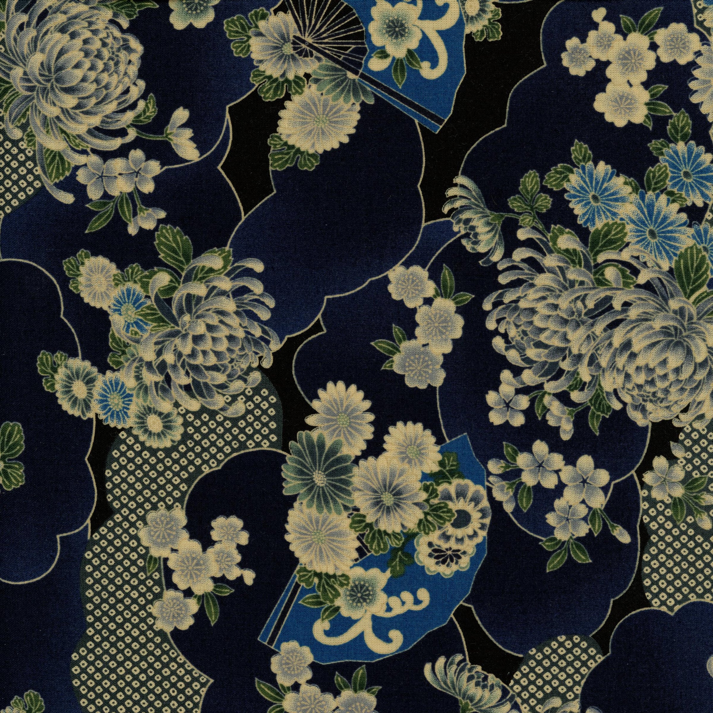Nutex Akan - Patchwork and Quilting Fabric from Brown's Craft Shed (Tags: Fabric Akan blue cream elegant fans Floral flowers indigo Japanese inspired nature navy Nutex patterns traditional )