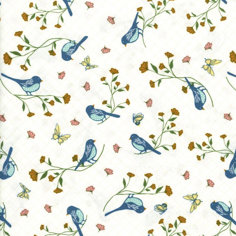 Melody by Beverly McCullough of Flamingo Toes and Riley Blake Designs - Patchwork and Quilting Fabric from Brown's Craft Shed (Tags: Fabric birds blue butterfly children Flamingo Toes garden light-hearted Melody nature pastel playful quilting Riley Blake spring whimsical white )