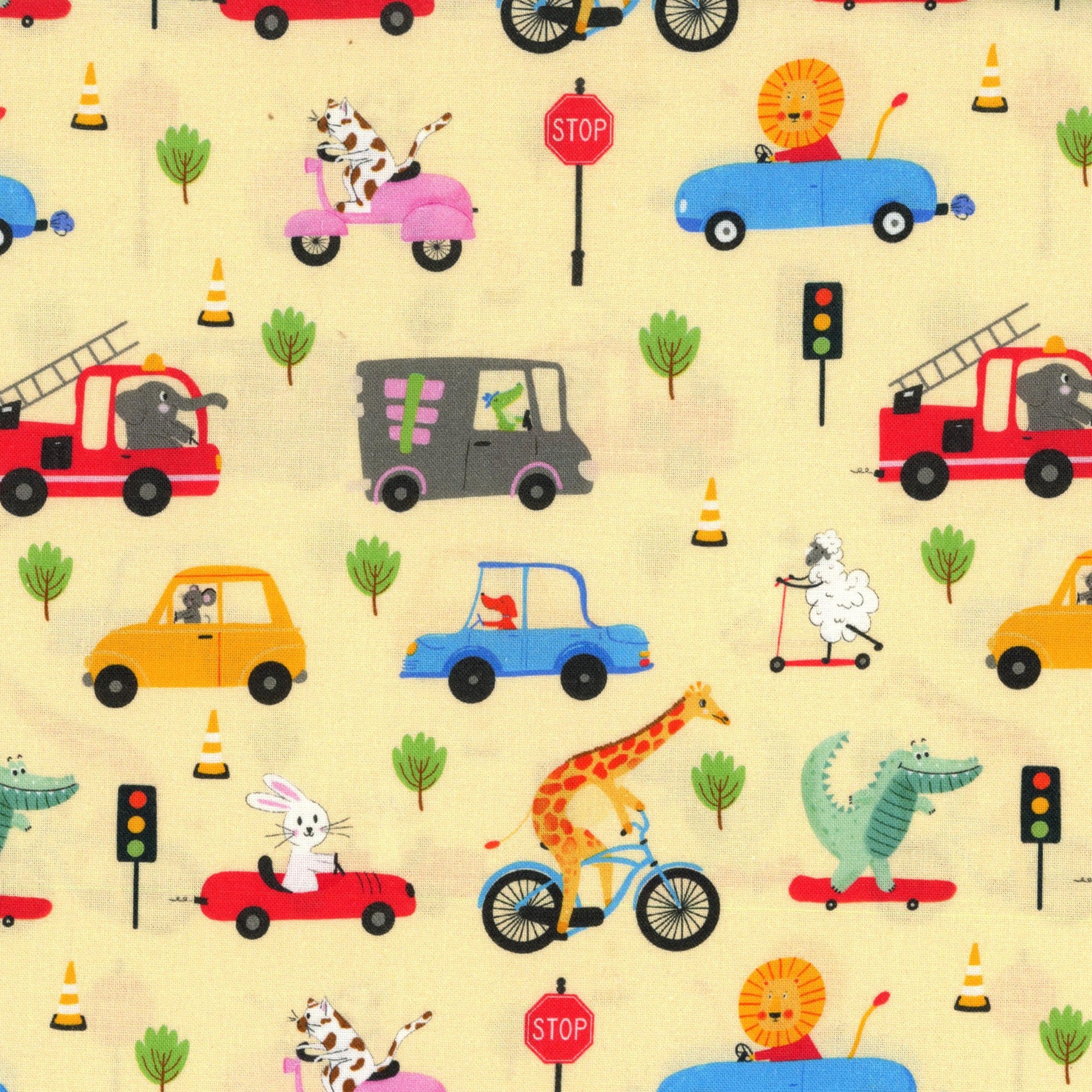 Nutex - Peak Hour by Mel Armstrong Art & Illustration - Patchwork and Quilting Fabric from Brown's Craft Shed (Tags: Fabric animals bikes cars children crocodile giraffe lion Mel Armstrong novelty Nutex Peak Hour playful quilting cotton rabbit scooters traffic whimsical )