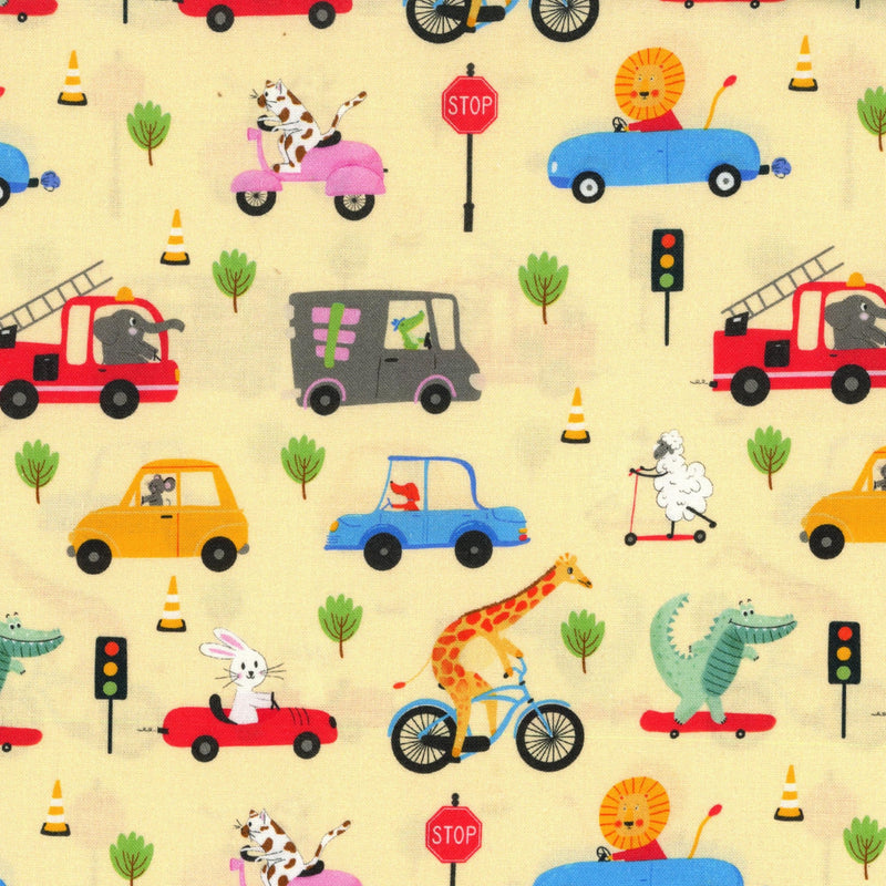 Nutex - Peak Hour by Mel Armstrong Art & Illustration - Patchwork and Quilting Fabric from Brown's Craft Shed (Tags: Fabric animals bikes cars children crocodile giraffe lion Mel Armstrong novelty Nutex Peak Hour playful quilting cotton rabbit scooters traffic whimsical )