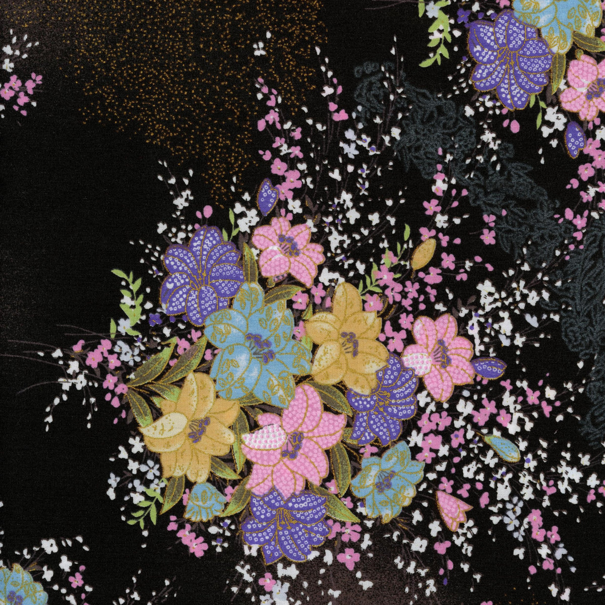 Kennard & Kennard - Midnight Blossom Cascade - Patchwork and Quilting Fabric from Brown's Craft Shed (Tags: Fabric apparel Black blue craft elegant Floral gold metallic nature patterns pink purple quilting )