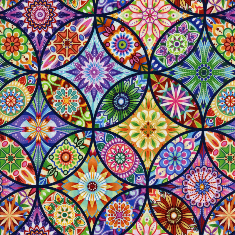 Blank Quilting Corporation - Royal Multi - Cathedral Windows by Studio E - Patchwork and Quilting Fabric from Brown's Craft Shed (Tags: Fabric blue bright cathedral windows Geometric green kaleidoscope mosaic multi orange patterns pink purple )