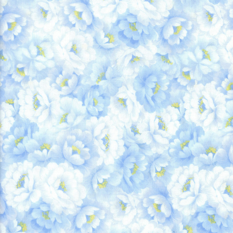 Fabri-Quilt Bristol Packed Roses Light Blue - Patchwork and Quilting Fabric from Brown's Craft Shed (Tags: Fabric blue Bristol Fabri-Quilt flowers garden packed floral pastel romantic roses soft tones spring vintage style white yellow accents )