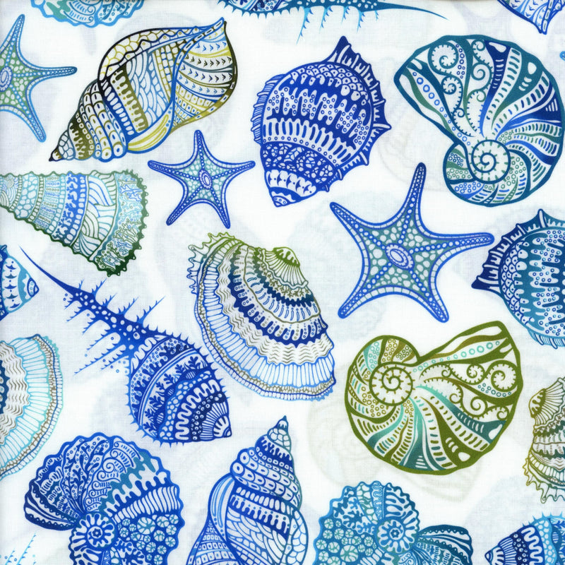 In The Beginning Wonders of the Ocean by ITB Studios - White - Patchwork and Quilting Fabric from Brown's Craft Shed (Tags: Fabric beach blue green nature novelty ocean patterns seashells starfish summer water white )