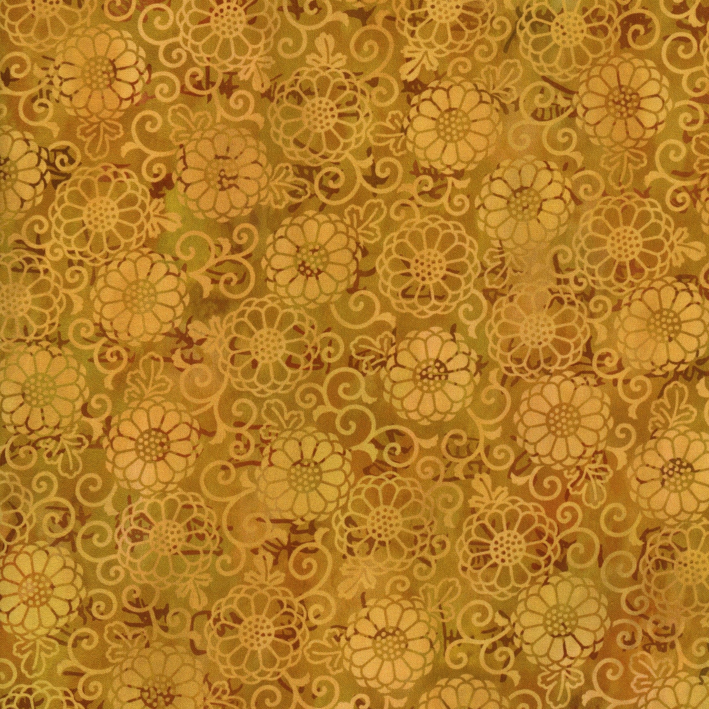 In The Beginning Fabrics - Oriental Gardens by Jason Yenter - Patchwork and Quilting Fabric from Brown's Craft Shed (Tags: Fabric autumn Brown cream Floral flowers gold Jason Yenter nature Oriental Gardens scroll traditional vines Yellow )