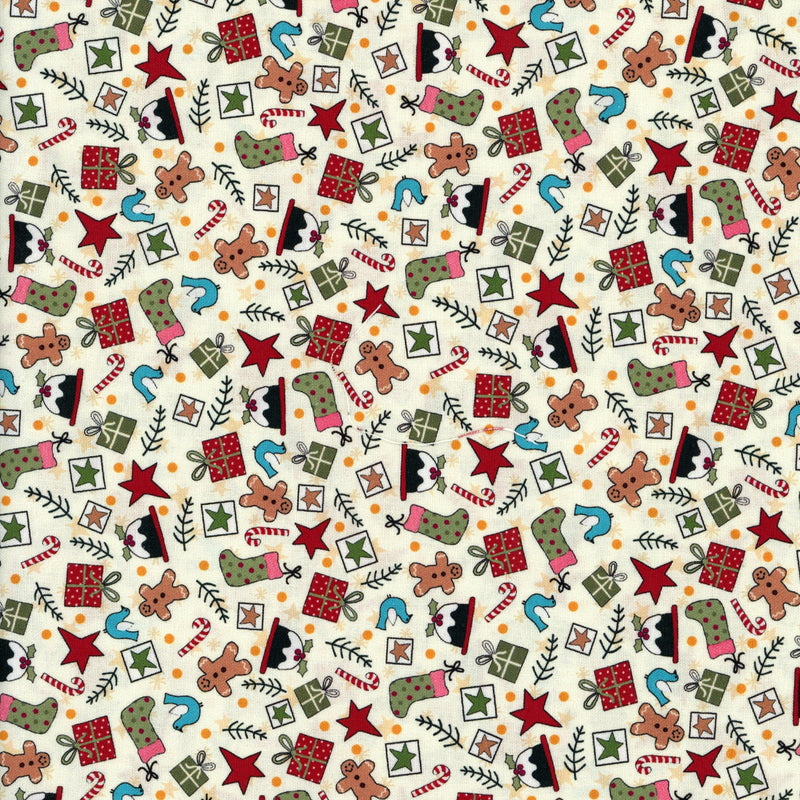 Nutex - Christmas Traditions by Lynette Anderson (Festive Treats & Trinkets) - Patchwork and Quilting Fabric from Brown's Craft Shed (Tags: Fabric candy cane christmas traditions cream festive gingerbread green holiday Lynette Anderson novelty Nutex presents red seasonal stockings whimsical )