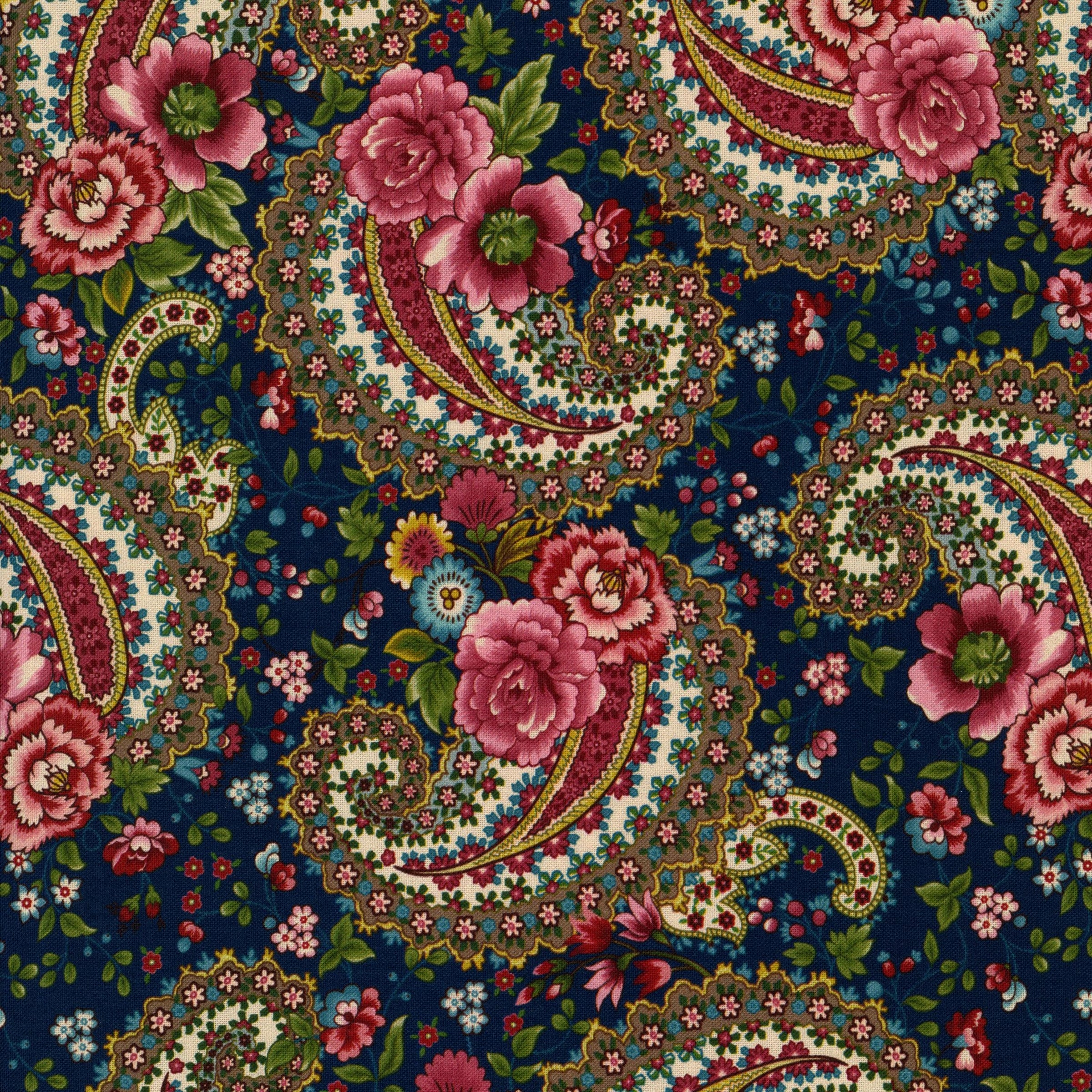 Henry Glass & Co. Lost Gardens of Heligan by Michelle Yeo - Patchwork and Quilting Fabric from Brown's Craft Shed (Tags: Fabric blue Floral garden green Henry Glass & Co. Lost Gardens of Heligan Michelle Yeo multi navy ornate paisley pink red traditional vintage )