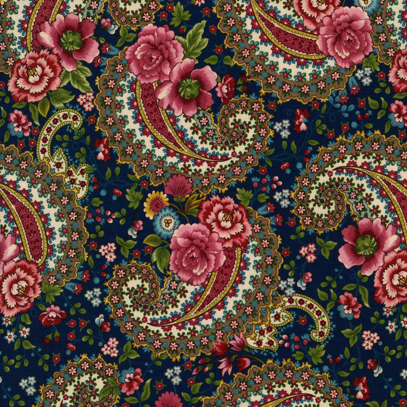 Henry Glass & Co. Lost Gardens of Heligan by Michelle Yeo - Patchwork and Quilting Fabric from Brown's Craft Shed (Tags: Fabric blue Floral garden green Henry Glass & Co. Lost Gardens of Heligan Michelle Yeo multi navy ornate paisley pink red traditional vintage )