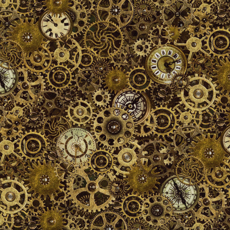 In The Beginning Fabrics - Steampunk Menagerie by Jason Yenter - Patchwork and Quilting Fabric from Brown's Craft Shed (Tags: Fabric Brown clocks cogs compass cream gears gold industrial Jason Yenter mechanical novelty steampunk Steampunk Menagerie vintage )