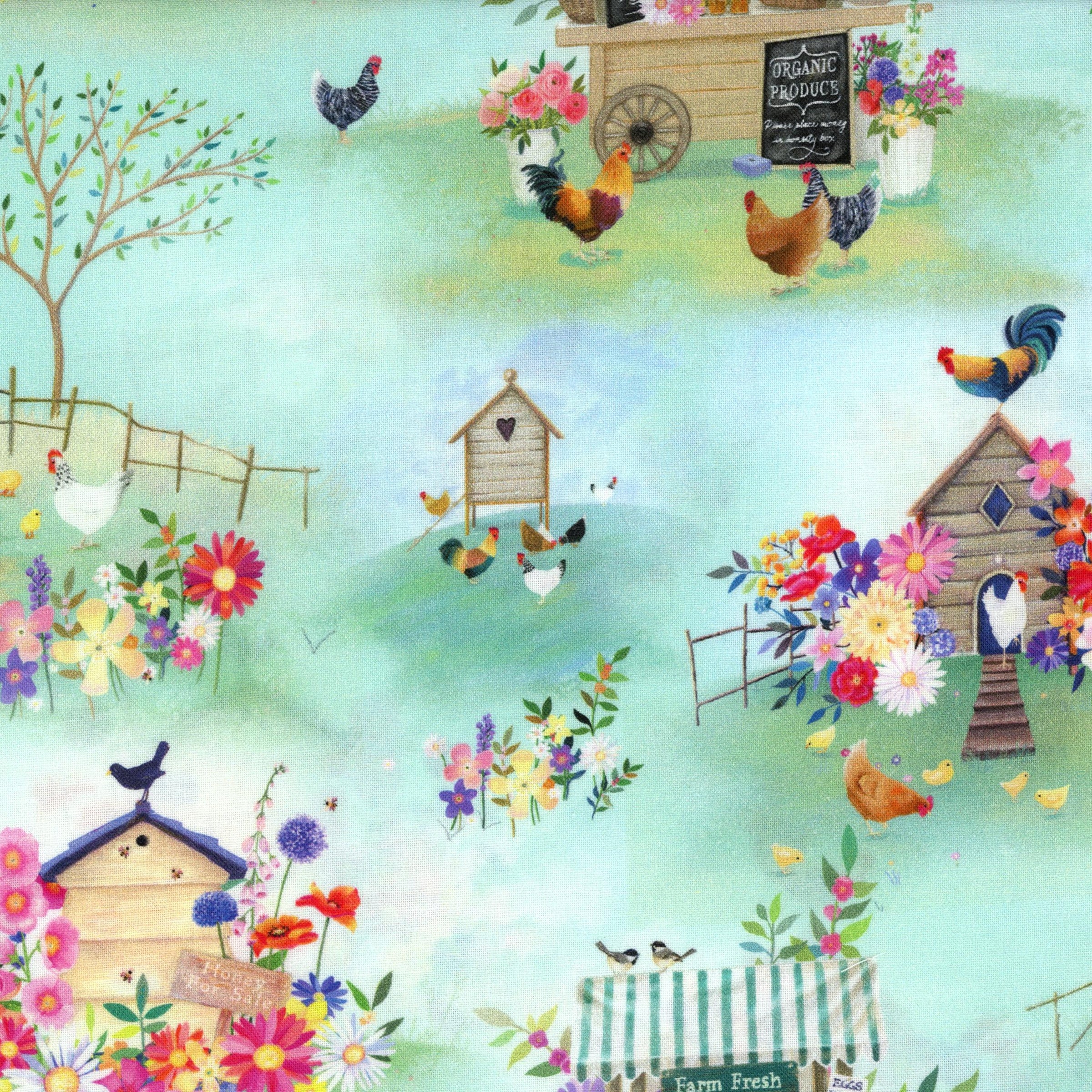 Clothworks Simple Life - Patchwork and Quilting Fabric from Brown's Craft Shed (Tags: Fabric animals birds chickens Clothworks cottage country farm garden green pastel rooster rustic Simple Life whimsical )