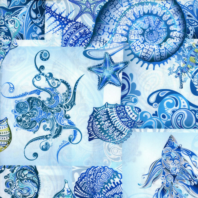 In The Beginning Wonders of the Ocean by ITB Studios - Blue - Patchwork and Quilting Fabric from Brown's Craft Shed (Tags: Fabric animals blue fish nature nautical novelty ocean octopus patterns sea shells starfish water whimsical wildlife )