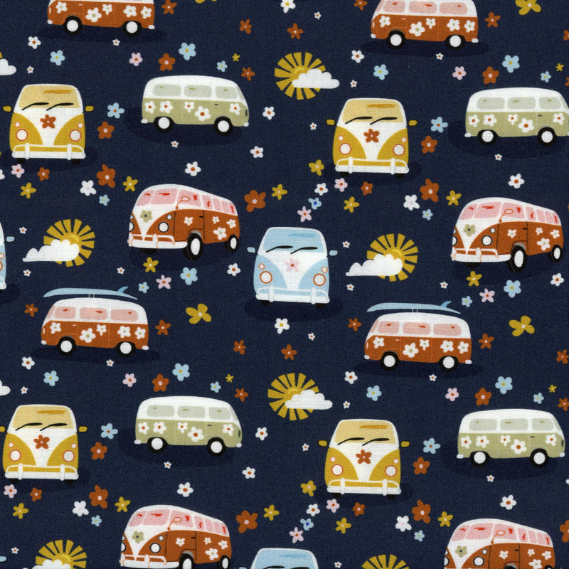 Nutex Retro Vibes - Patchwork and Quilting Fabric from Brown's Craft Shed (Tags: Fabric blue children Floral flowers navy novelty Nutex orange patterns playful Retro Vibes vehicles whimsical )