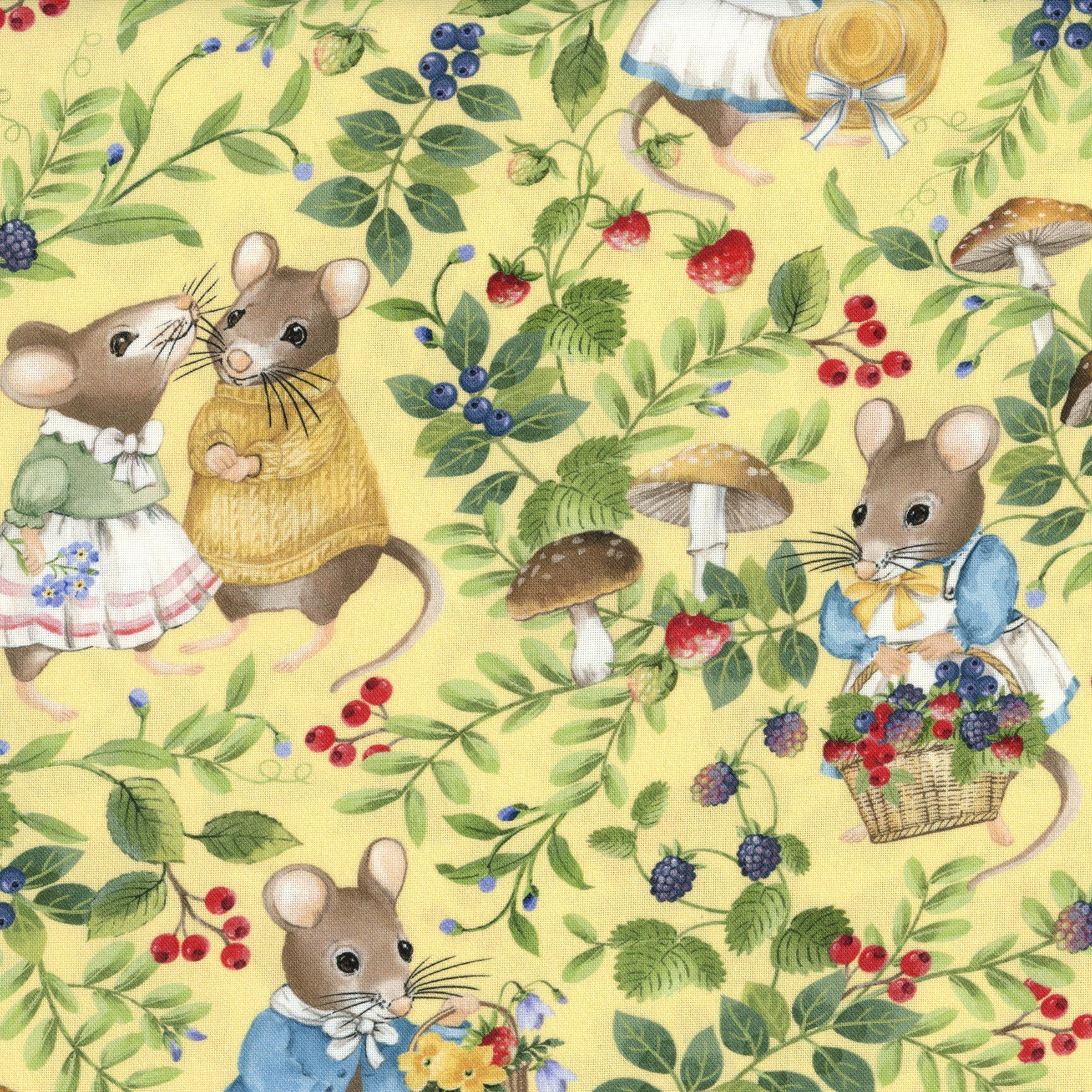 Northcott Country Mouse by Deborah Edwards - Yellow Multi Scenic Mice
